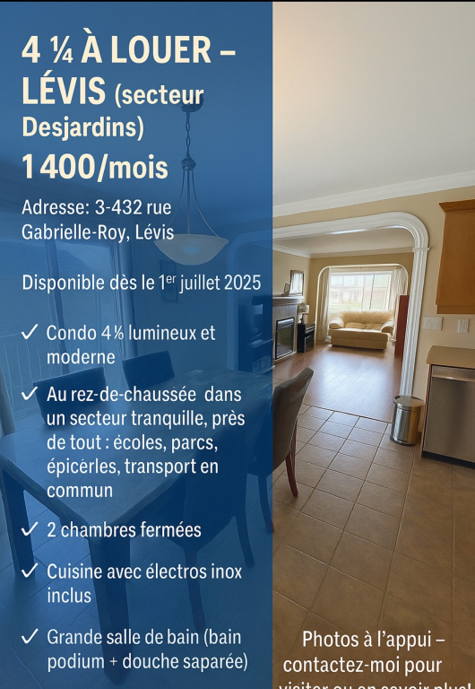 Condo 4 ½ à Louer – Lumineux, Moderne Et