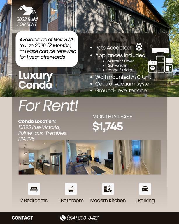 Condo moderne à louer - Animaux acceptés