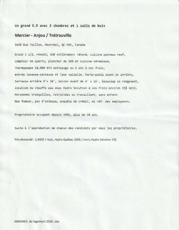 Logement rénovés 5 1/2 à louer 3 chambres fermés