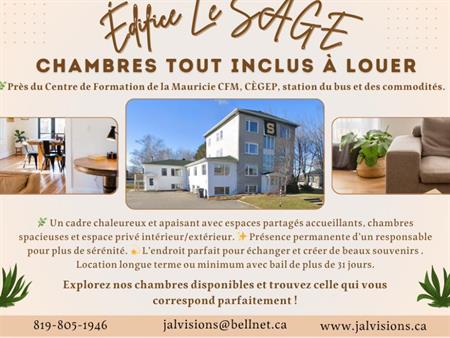 Chambre meublée tout Inclus avec Wi-Fi, stationnement, buanderie gratuite - location au mois avec bail / Libre immédiatement